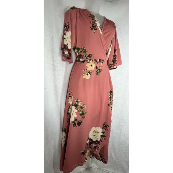 NEW Peppermint Brand Dusty Rose Floral Chiffon Wrap Dress Sz LG Summer Easter - Picture 6 of 11